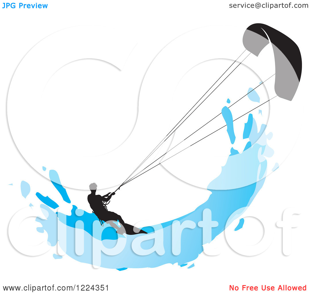 Clipart Of A Silhouetted Kite Surfer With A Blue Splash   Royalty Free