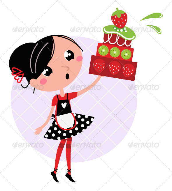 Cute Retro Girl Holding Cake  Vector Cartoon Illustration