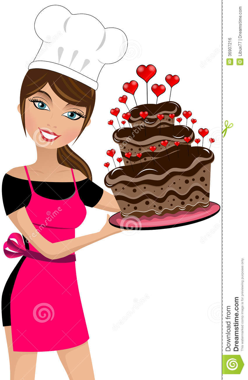 Sexy Woman Chef Valentine Day Big Chocolate Cake Royalty Free Stock