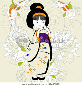 Japanese Girl With White Flowers   Clipart