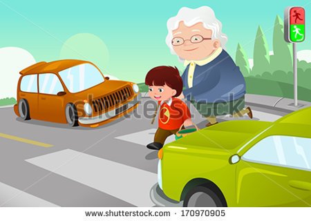 Of Kid Helping Senior Lady Crossing The Street   Stock Vector