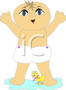 Cartoon Of A Toddler Wearing A Diaper And Standing In Water With A    