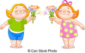 Two Babies With Bouquets   The Vector Image Of Cute Babies