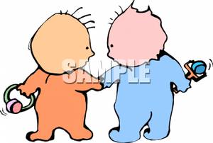 Two Babies With Rattles Holding Hands Clip Art Image