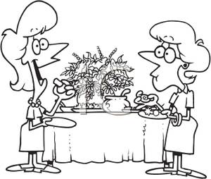 Black And White Coloring Page Of Two Women Eating Appetizers Clip Art