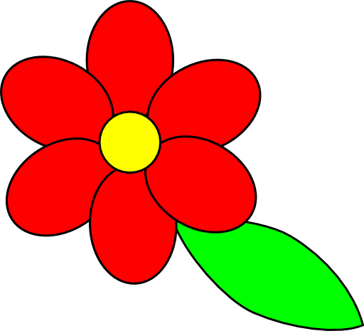 Flower Six Red Petals Black Outline Green Leaf Clipart   Royalty Free