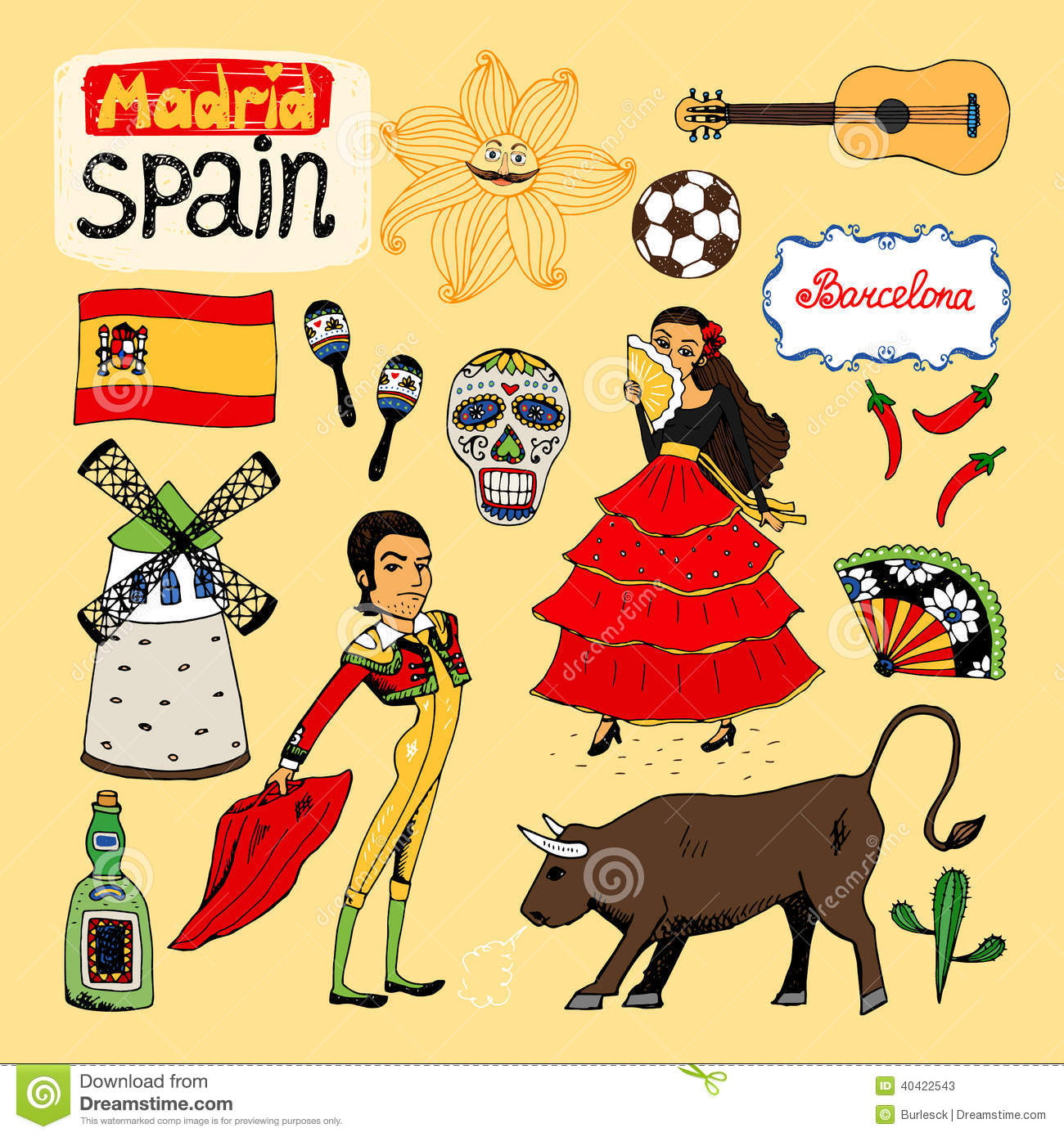 Set Of Hand Drawn Landmarks And Icons Of Spain With A Matador And Bull