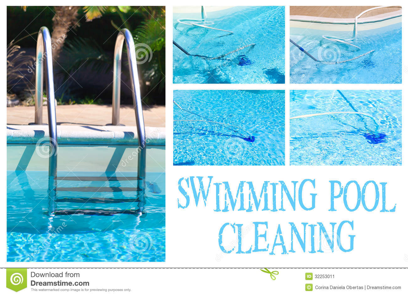 Collage With Different Pictures Showing The Swimming Pool Cleaning
