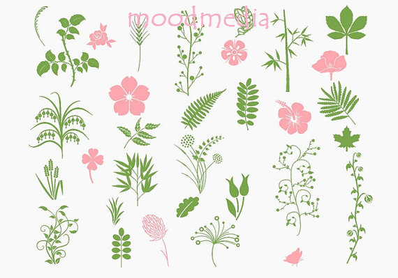 Green Floral Flowers Clipart Set Organic Floral Flowers Clip Art