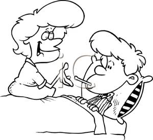 Black And White Cartoon Of A Mom Checking Her Sons Temperature