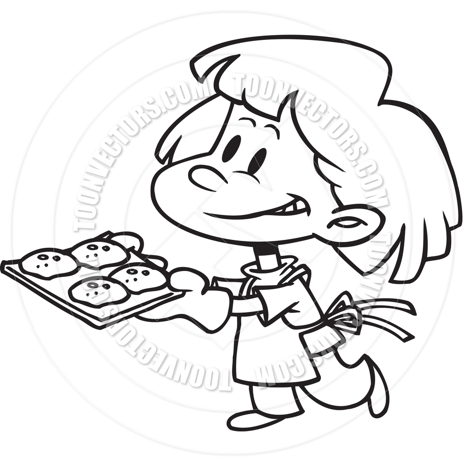 Cartoon Girl Baking Cookies  Black And White Line Art  By Ron Leishman