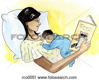 Clipart Of A Woman Reading A Book In Bed While Her Baby Sleeps On Her