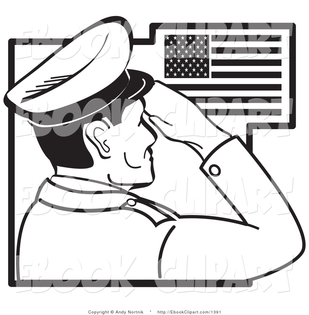 Clip Art Of A Black And White Soldier Saluting The American Flag By    