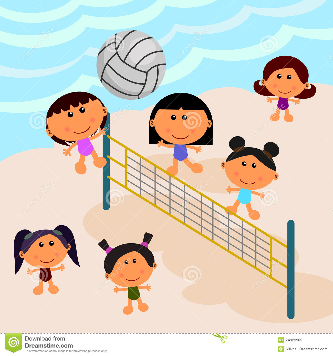 Scene Composed Of A Group Of Cute Cartoon Kids Playing Volleyball