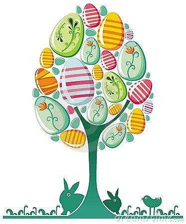 Colorful Easter Egg Tree With Bunnies And Bird