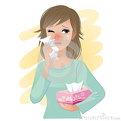 Watery Eyed Woman Holding Facial Tissue Box Suffering From Hayfever