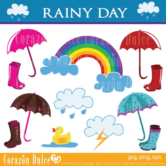 Clipart Rainy Day Digital Clip Art Set   Personal And Commercial Use