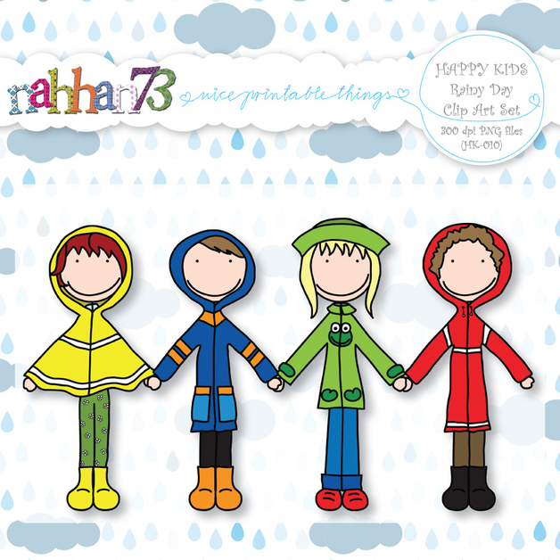 Digital Downloads   Happy Kids  Rainy Day   Clip Art Set  Hk 010
