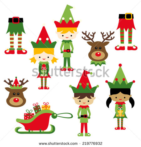 Kids In Elf Costumes  Cute Vector Clip Art Illustration For Christmas