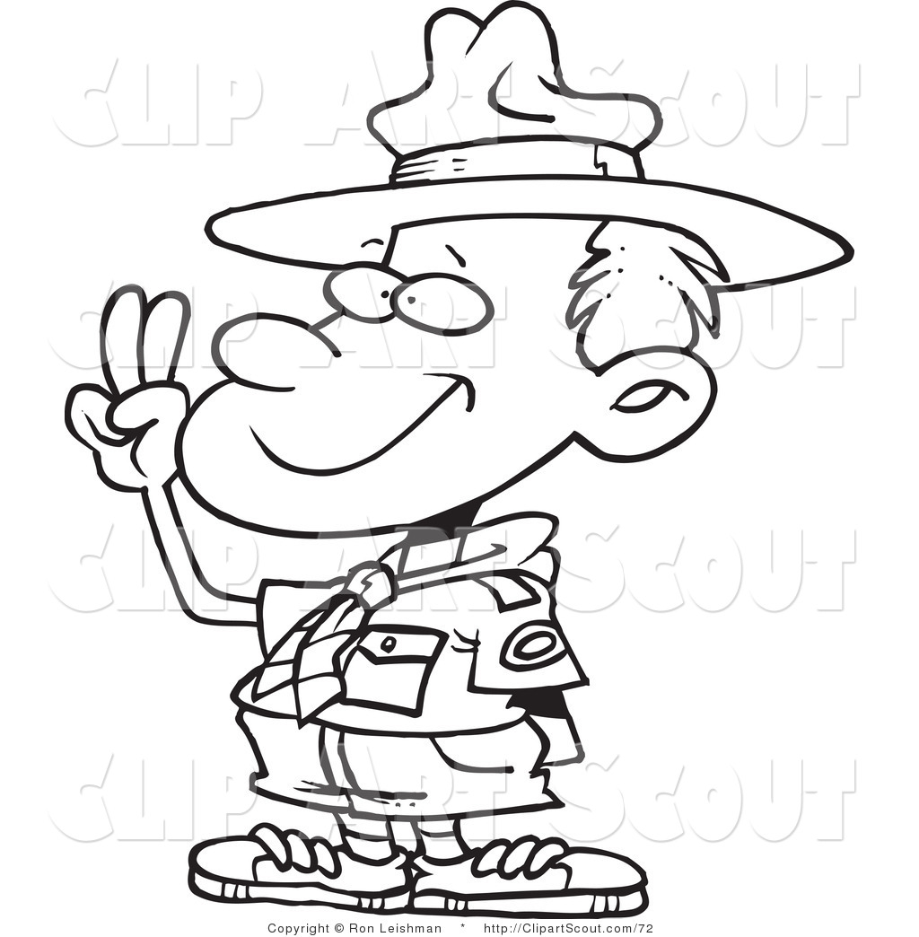 Clipart Of A Black And White Outline Of A Boy Scout Taking An Oath By