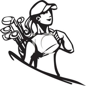 Black And White Cartoon Of A Woman Carrying Golf Clubs   Royalty