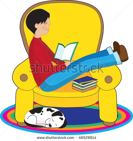 Boy Is Reading A Book In A Big Comfy Chair While His Dog Sleeps    