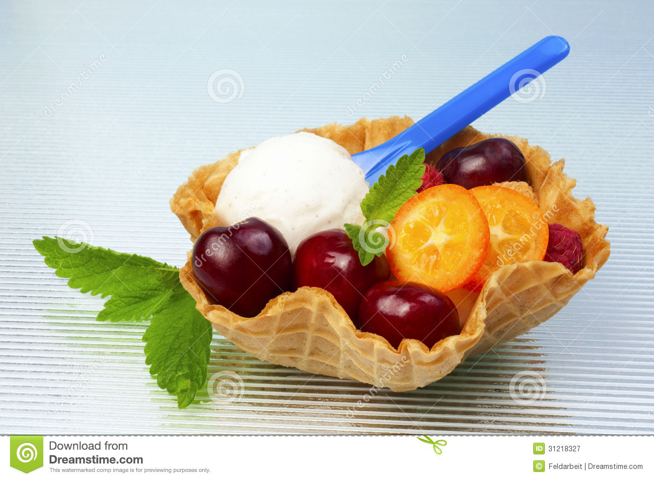 Fruits And Vanilla Ice Cream In Waffle Cup 