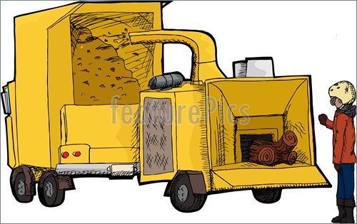 Illustration Of Worker Places Tree Through Wood Chipping Machine
