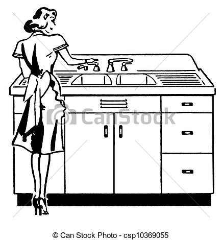Black And White Version Of A Vintage Illustration Of A Woman Washing