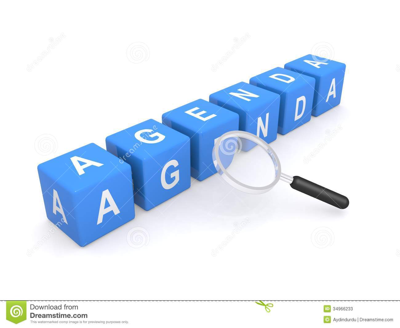 Blocks Spelling Word Agenda With Magnifying Glass White Background