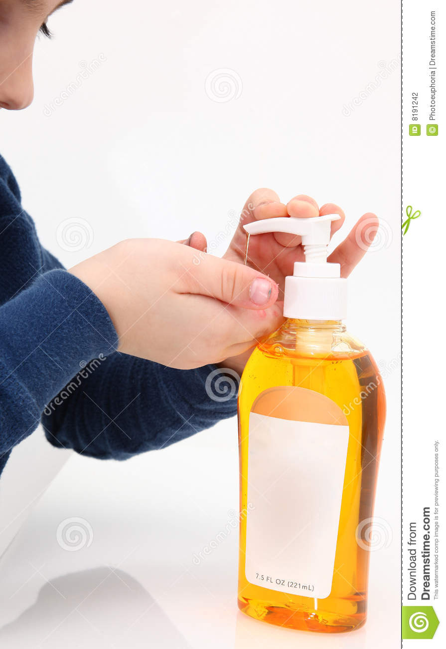 Little Boy With Dirty Hands Getting Handsoap From Liquid Pump  Blank