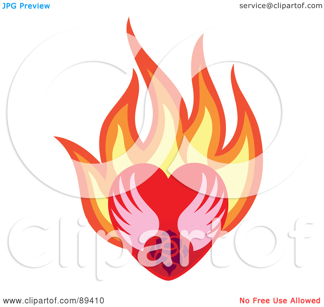 Rf  Clipart Illustration Of A Rose And Wings In A Flaming Red Heart