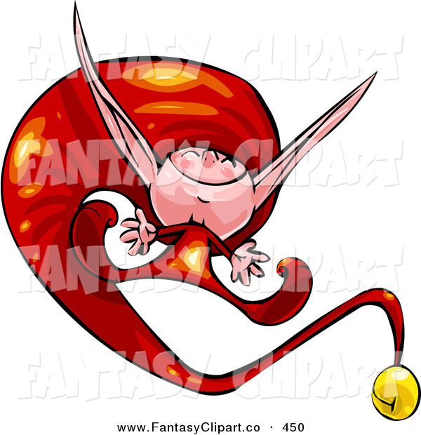 Art Of A Happy Little Elf In Long Red Hat With Bell Jumping Clipart