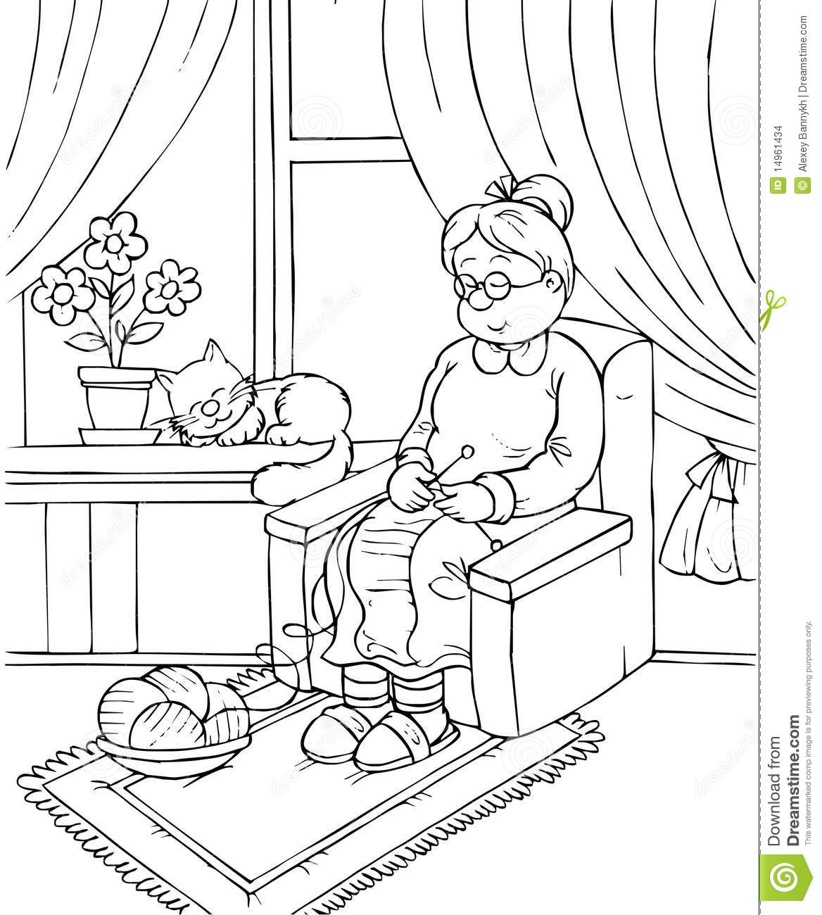 Black And White Illustration  Coloring Page   Granny Sleeps In An