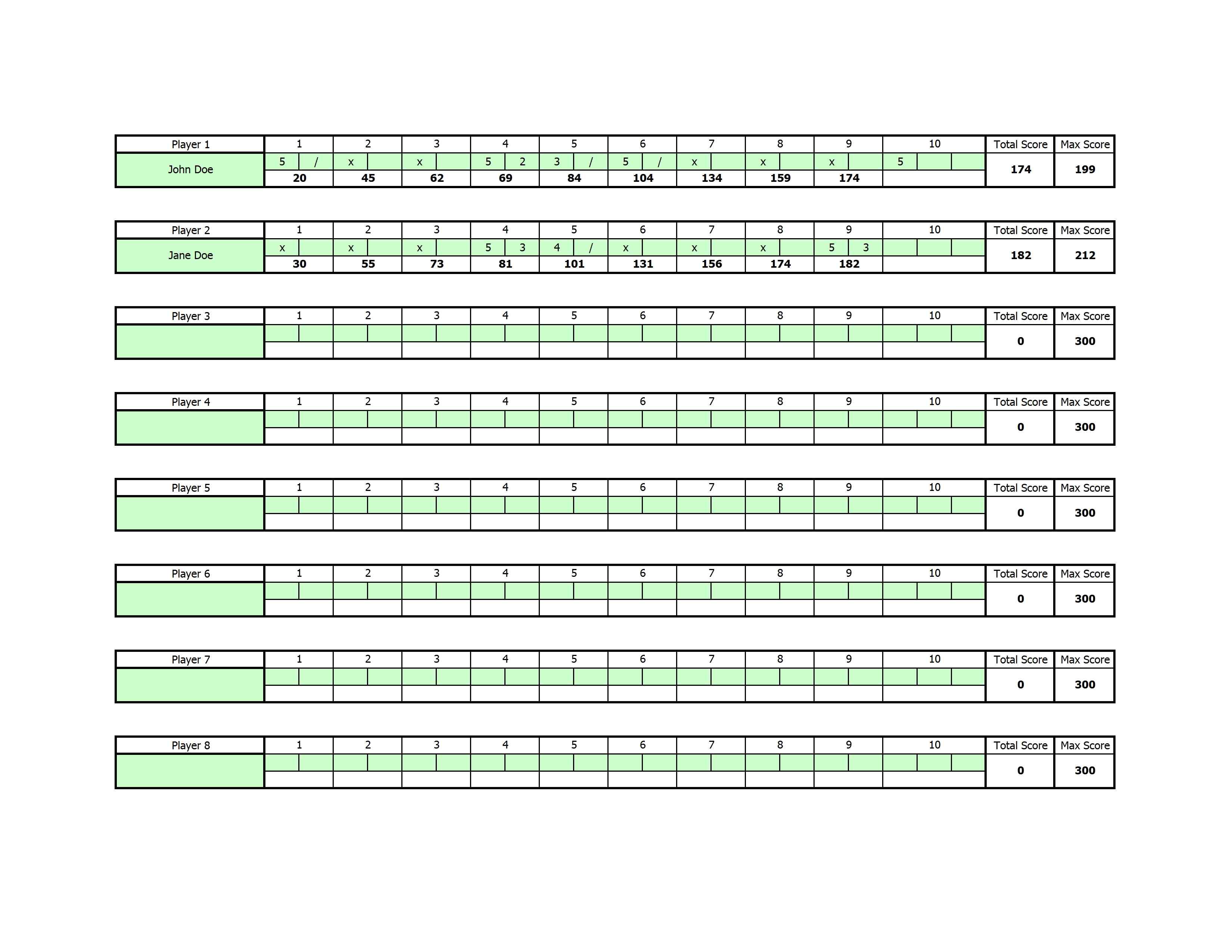 Blank Bowling Score Sheet
