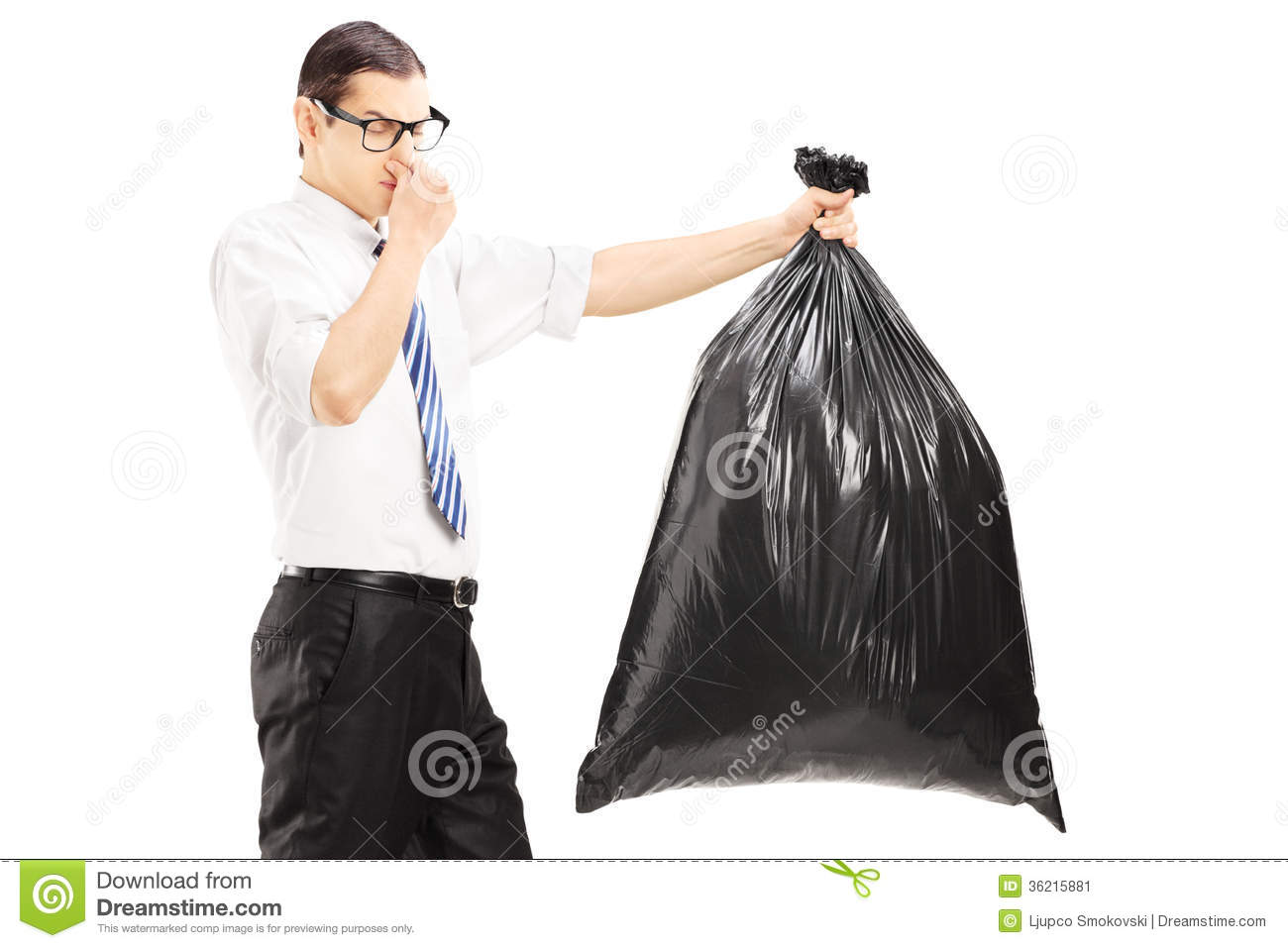 Male Closing His Nose And Carrying A Stinky Garbage Bag Stock Image