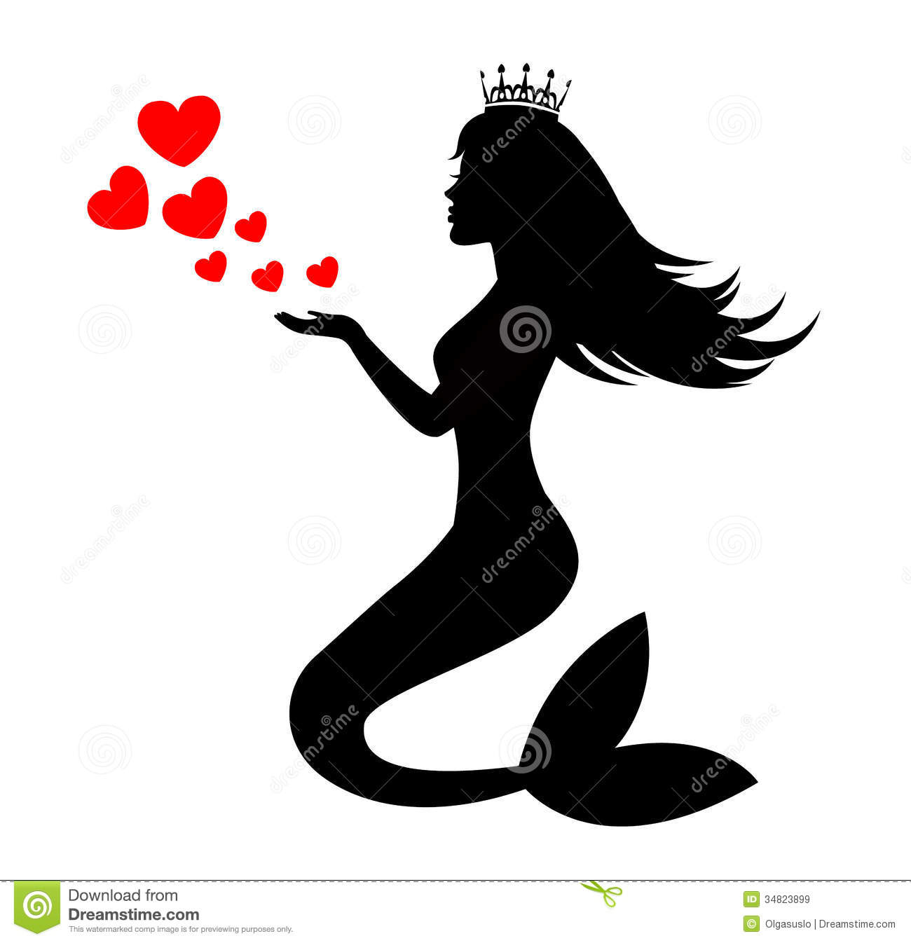 Mermaid Silhouette Of A Crown With Hearts On White Background Clipart