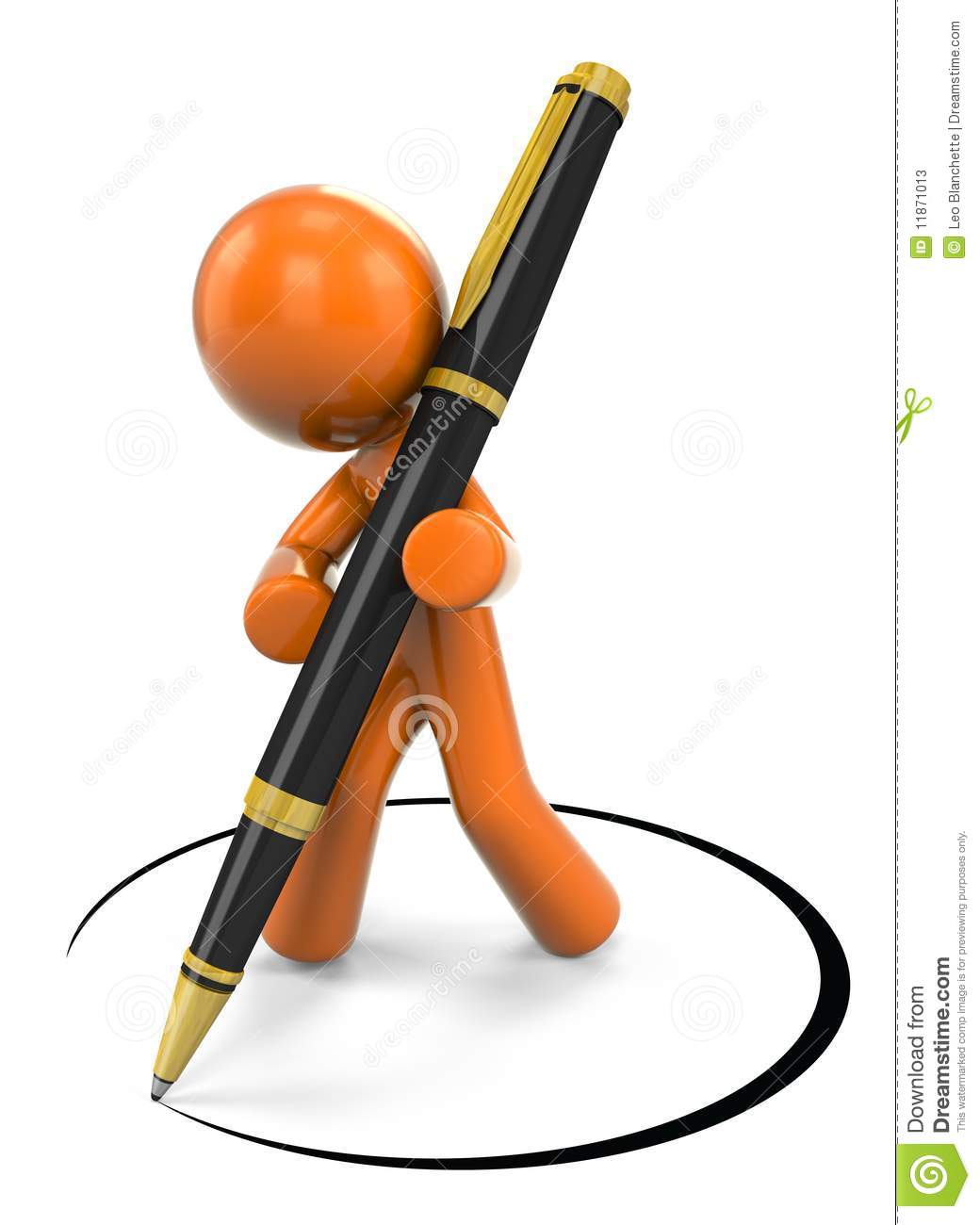 3d Cartoon Orange Man Holding A Pen And Drawing A Circle On A White    