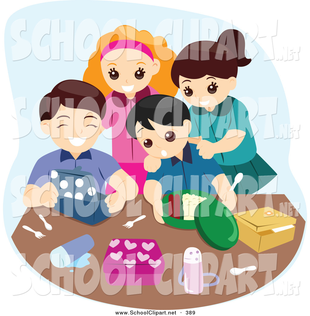 Clip Art Of A Group Of Four Happy Kids Unpacking Their Lunch Boxes By    