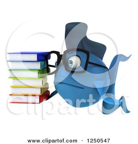 1250547 Clipart Of A 3d Sad Bespectacled Blue Fish Holding A Stack Of