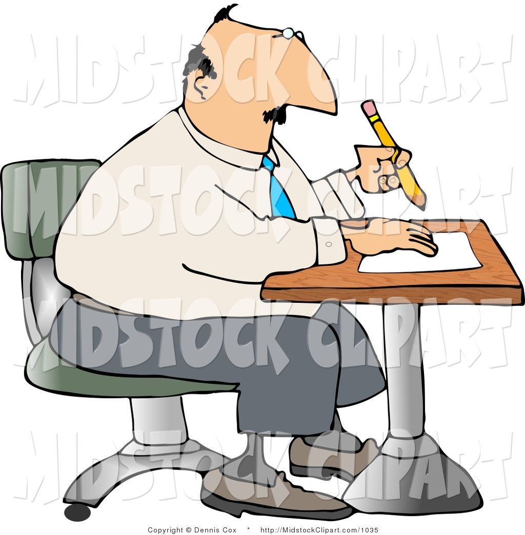 Clip Art Of A Thinking Businessman Sitting At A Desk And Writing On