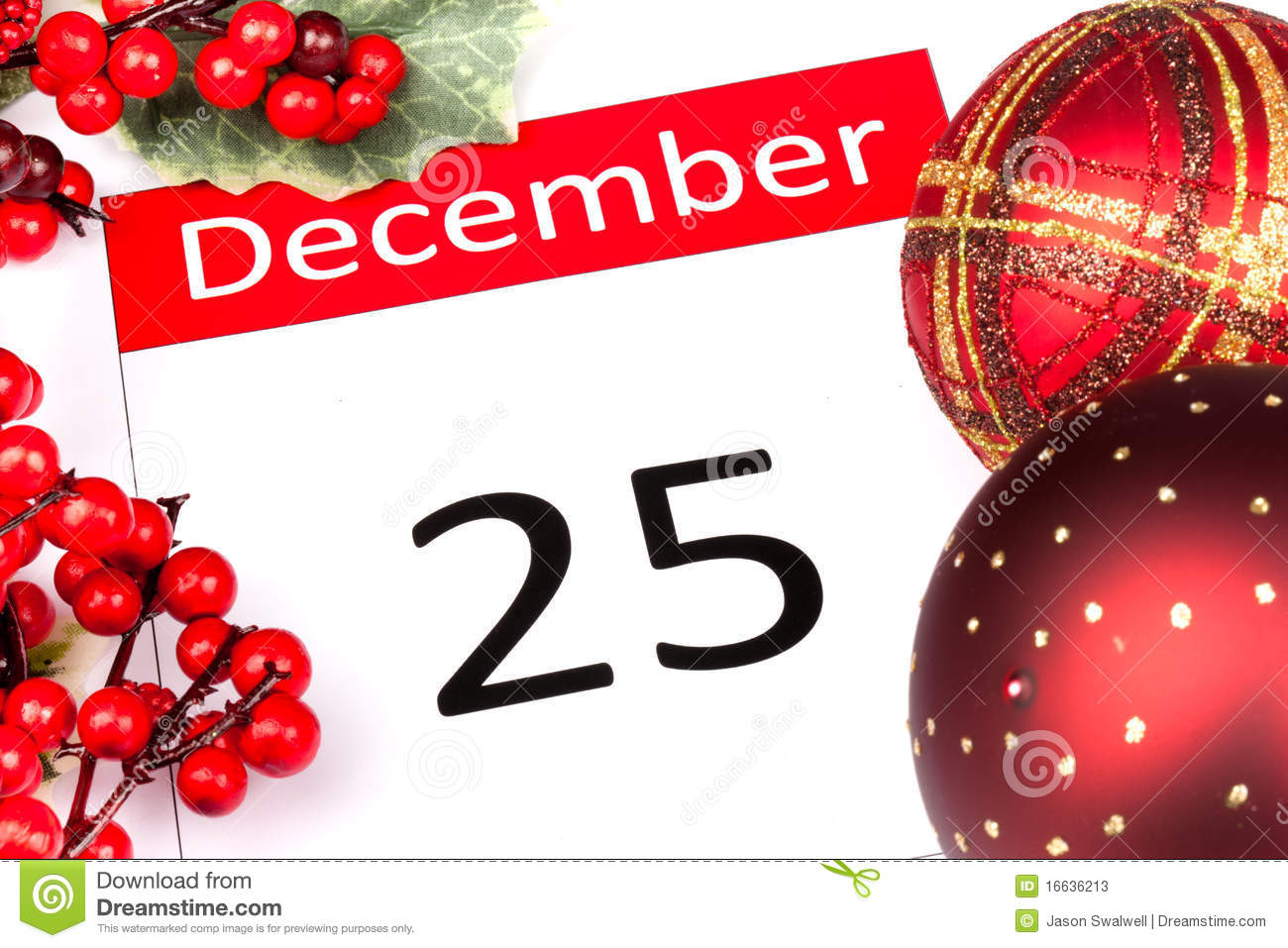 Calendar Date Of 25 December With Seasonal Holly And Red Berries
