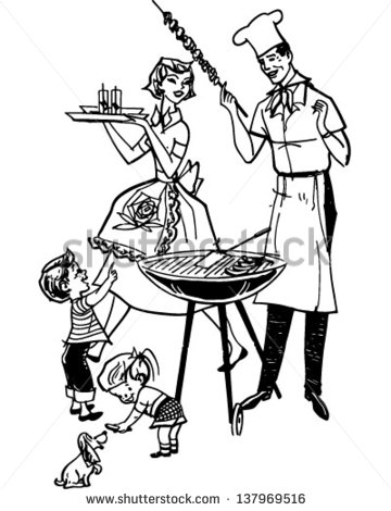 Family Barbecue   Retro Clip Art Illustration   Stock Vector