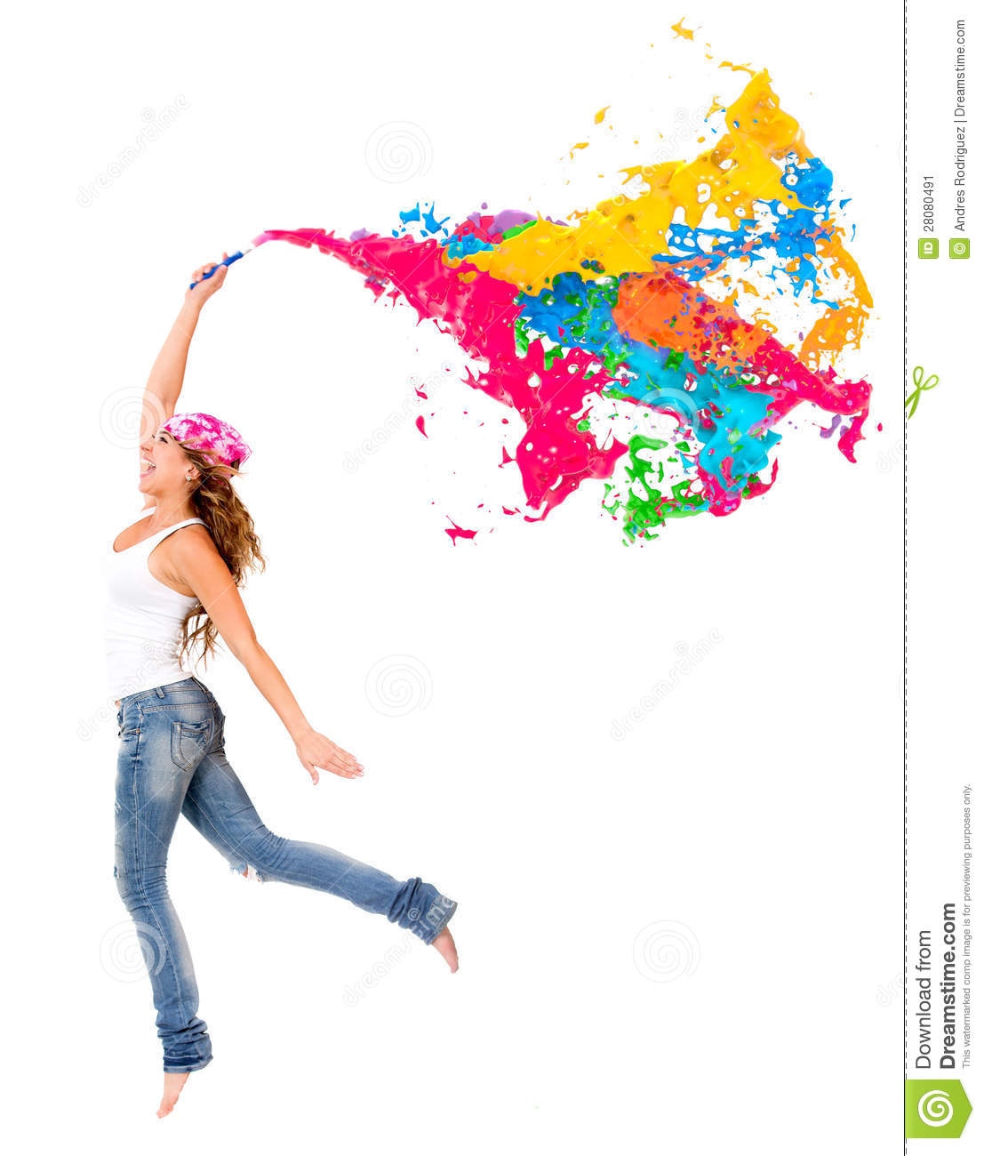 Happy Female Painter With A Colorful Paint Splash   Isolated