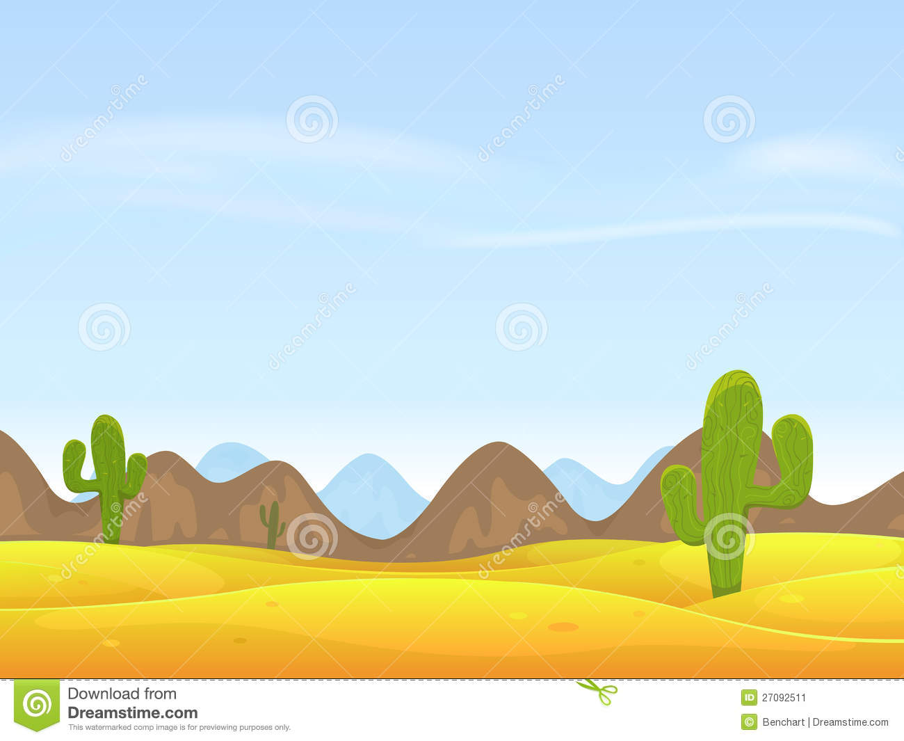 Illustration Of A Cartoon Desert Landscape With Cactus Sand Dunes