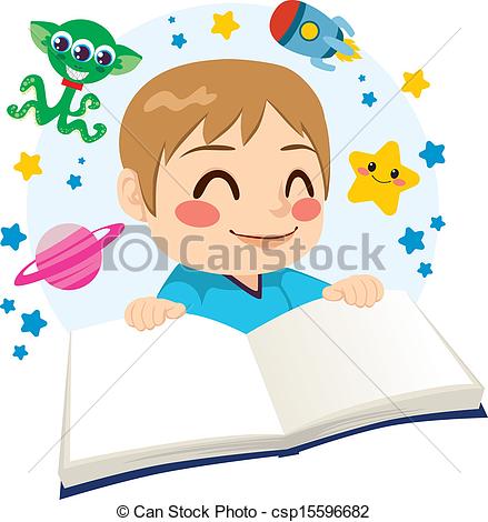 Boy Happy Reading A Science Fiction Space Exploration Adventures Book