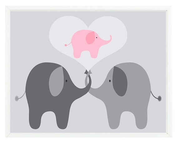 Elephant Nursery Wall Art Print   Mom Baby Dad Family Love Heart Pink