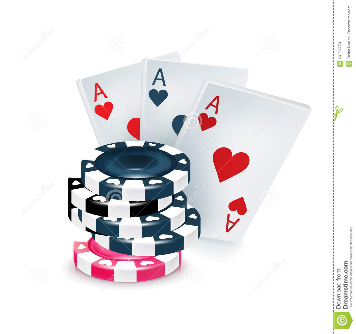 Three Playing Cards With Poker Chips Isolated Stock Photo   Image