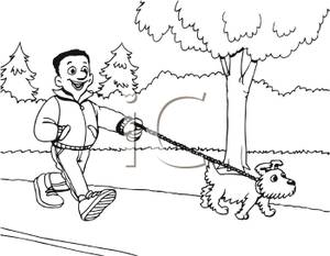 Black And White Cartoon Of Man Walking His Dog On A Sidewalk   Royalty