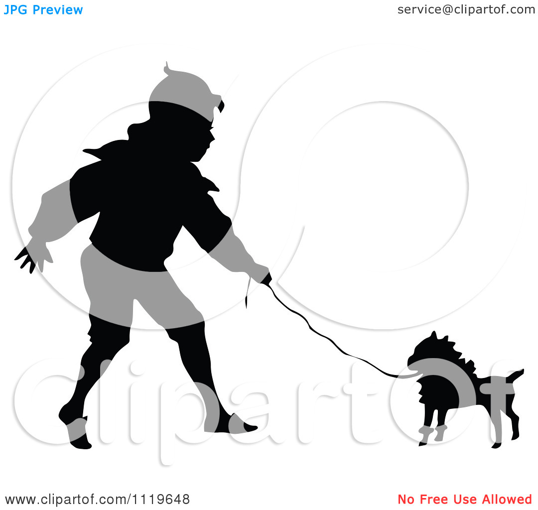 Clipart Of A Black And White Silhouetted Boy Walking A Dog   Royalty